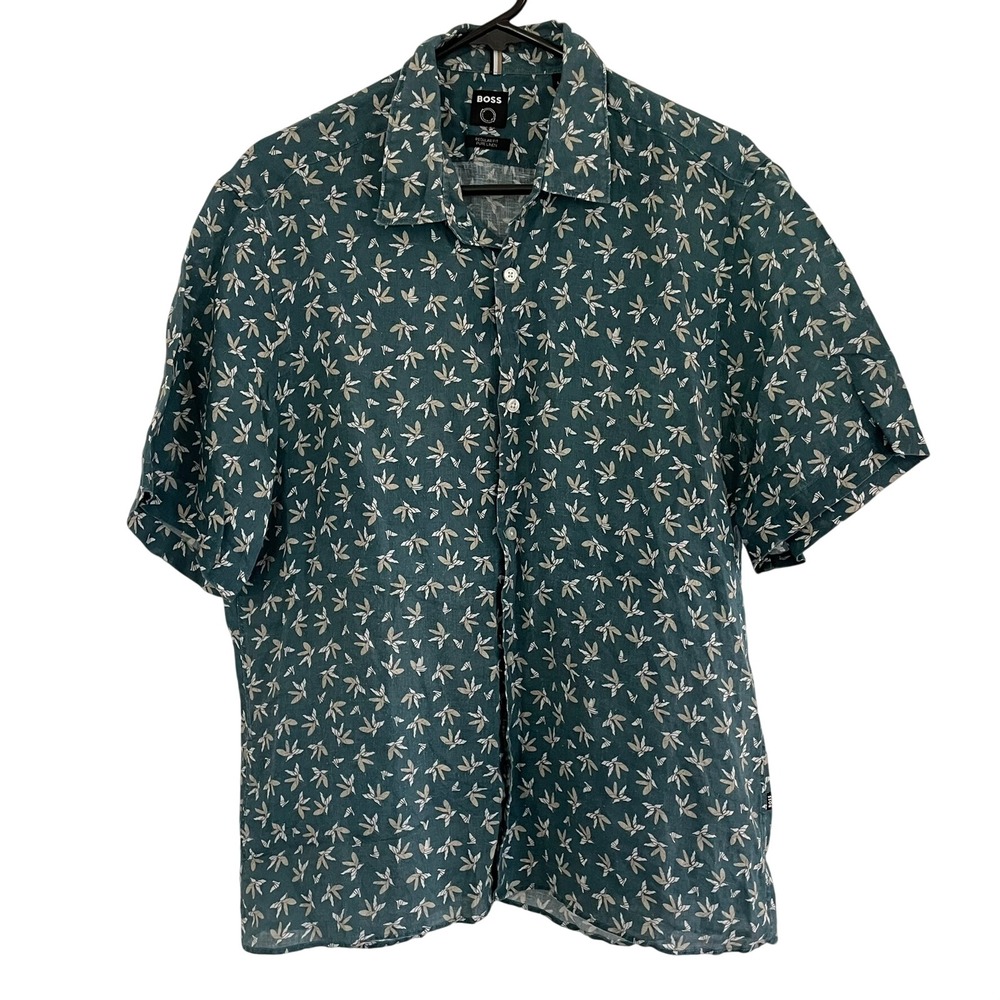 BOSS Button Down Shirt Green Linen Leaf Print Mens Large Regular Fit Casual EUC